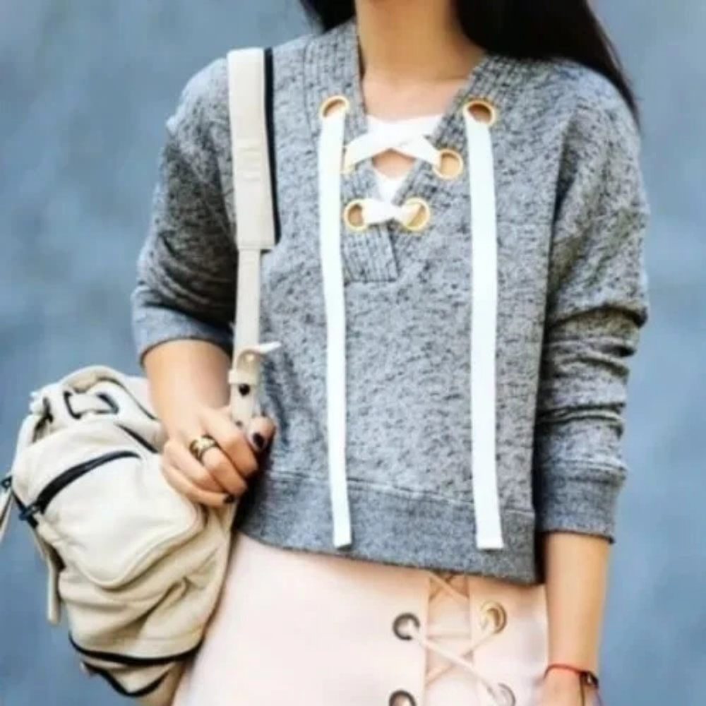 10 Crosby Derek Lam Gray Lace Up Cropped Sweater shirt
